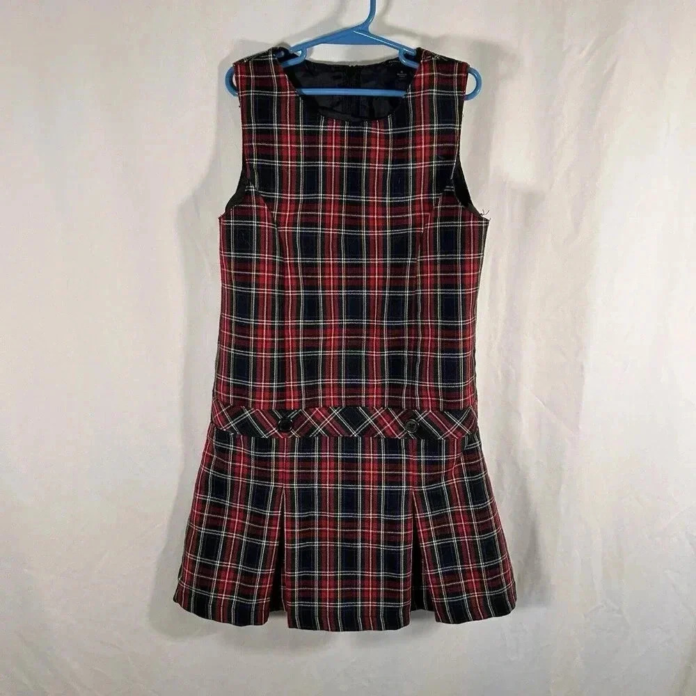 Tommy Hilfiger Dress Girls 8 Red Blue Plaid Zip Back Sleeveless Round Neck